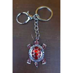 Turtle Red Rhinestone Crystal Silver Tone Keychain Backpack Purse Clip